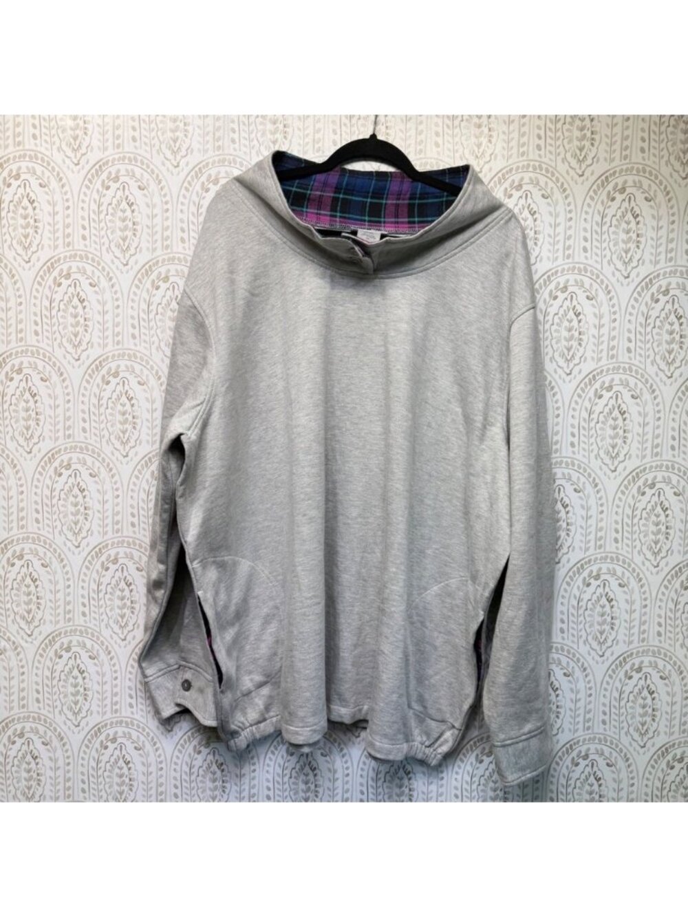 CW Classics Sweatshirt Women 4X Grey Plaid Lined Funnel Neck Pullover Pocketed